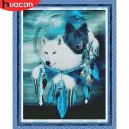 Pads Huacan Cross Wolf Dream Catcher Borduurkits Kits Dierprint Canvas DMC Draden handwerk handwerk handgemaakt cadeau