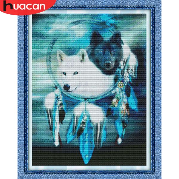 Pads Huacan Cross Wolf Catcher Dream Catcher Bordado Bordado Canvas de estampado Animal DMC Hilos de aguja Regalo hecho a mano