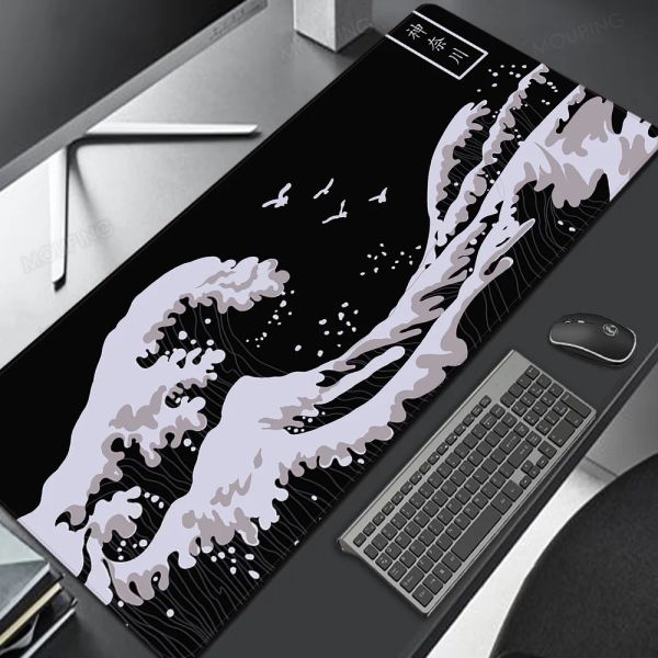 Tapis de souris japonais Great Wave, noir et blanc, grand tapis de souris pour Gamer, pour ordinateur portable, accessoires de jeu, tapis en caoutchouc