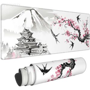 Tapis de souris de jeu XL, Style japonais, mont Fuji, fleur de cerisier, oiseau Sakura, tapis de clavier XXL, tapis de souris en caoutchouc naturel souple