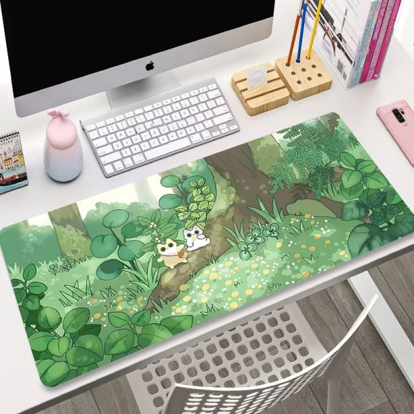 Almohadillas Alfombrilla de ratón Grande Verde Linda Flor Alfombrillas de ratón Kawaii Gato Conejo Dibujos Animados Teclado portátil Alfombrilla de Mesa Alfombrilla de Escritorio PC XXL Alfombrilla de ratón 100x50