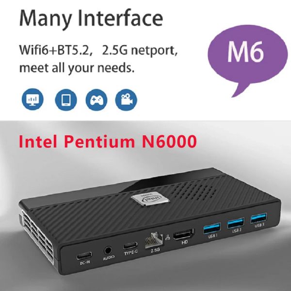 PADS M6 11th Pocket Windows 11 Intel Pentium N6000 Mini PC 8/16 Go DDR4 WiFi6 128 Go / 256 Go / 512 Go / 1TB NVME SSD Portable Gamer Computer