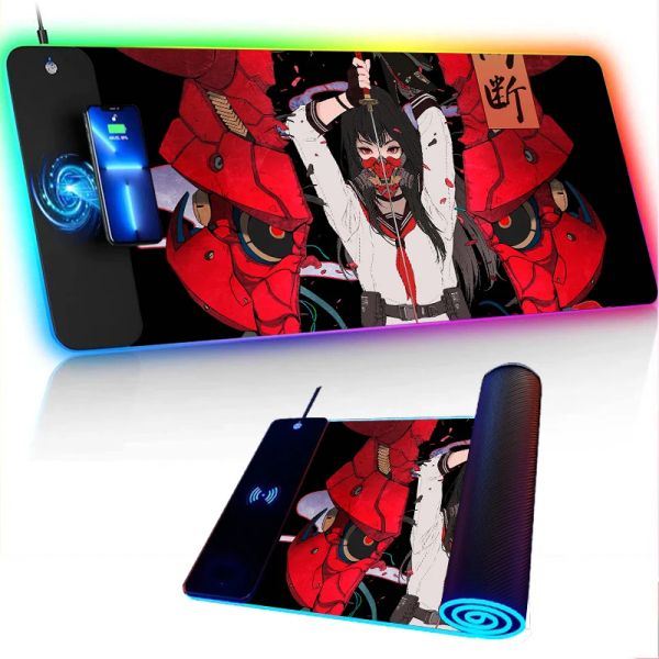 Tapis de souris avec rétro-éclairage, tapis de chargement sans fil, tapis de bureau Anime, clavier RGB Gamer, accessoire de jeu de Style japonais, mignon