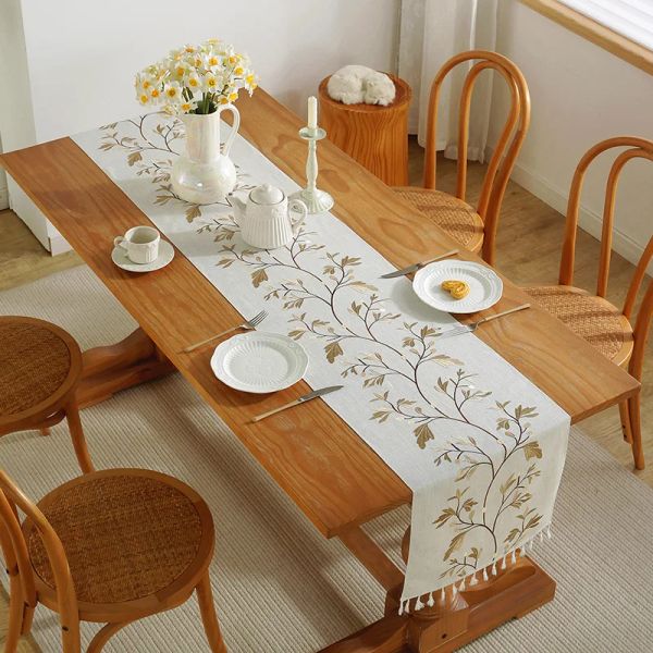 TADS NORDIC BRODERIER PLANTER Table Runner Feuilles vertes Tassel Table Table Coton Coton Table Runner Home Decor Dining Tableau de restauration