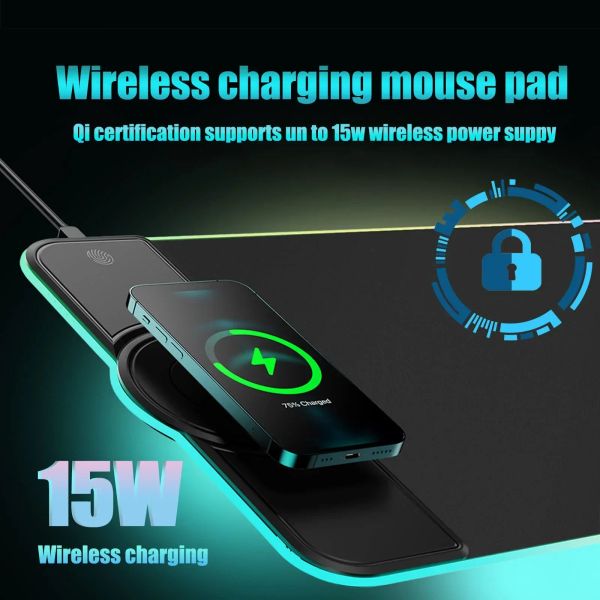 Tapis de souris de jeu RGB 15W, charge rapide sans fil pour le bureau à domicile avec support de téléphone pliable, tapis de souris doux et antidérapant