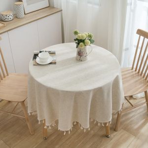 Nappe ronde en coton et lin avec pompons pour table de fête à la maison, décoration de cuisine de mariage