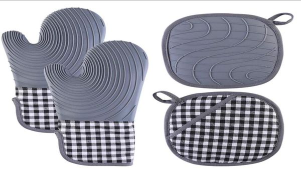 Ensembles de gants de cuisine et de supports de casseroles en silicone avec doublure matelassée, gants de cuisine résistants à la chaleur, gants flexibles imperméables pour Co4803773