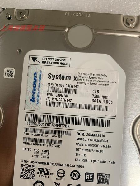 Pads Szwxzy pour Lenovo 00FN143 00FN144 4T 4TB SATA 7.2K 3.5 X3650 M5 Server Drive