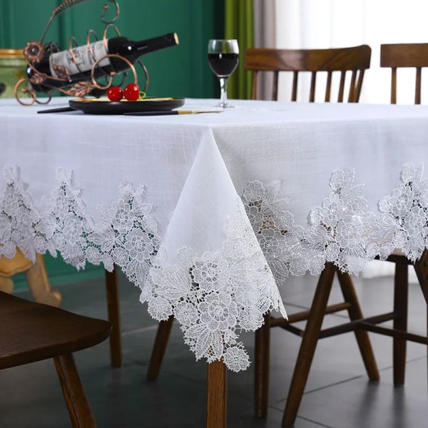 Nappe rectangulaire en coton et lin blanc, tissu américain à fleurs, tissu nordique pour meuble TV, motif en dentelle, moderne