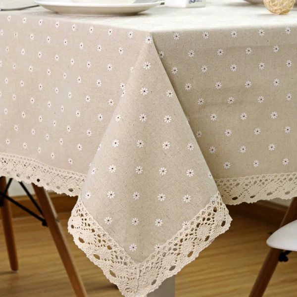 Nappe à motif de nappe en lin et coton, avec dentelle, couverture de Table à manger, rituel rectangulaire, ronde et imperméable