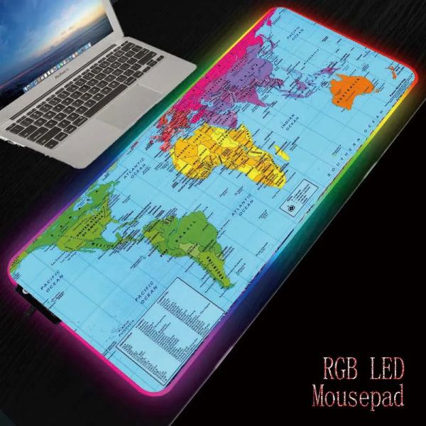 Pads XGZ Mapa del mundo Alfombrilla de ratón para juegos RGB grande Alfombrilla para jugador Luz LED Iluminada USB con cable Colorido Luminoso Ratón antideslizante