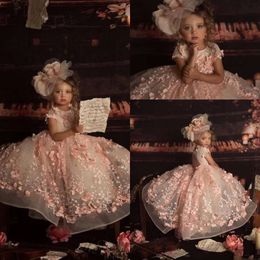 Pageant pet met roze blush mouw 3D bloemen kanten appliques prinses bloemenmeisjes jurken kralen verjaardagsfeestje jurk bc2404