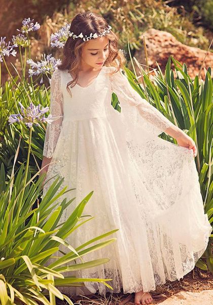 Vestidos de desfile para niñas Vestidos de encaje blanco de manga larga para niñas de flores para niños pequeños Adolescentes Ropa formal para niños Fiesta de cumpleaños Comunión 3517579