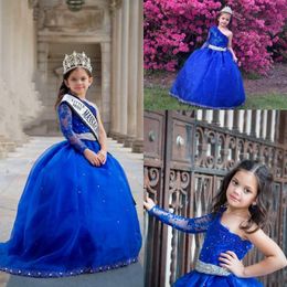 Pageant jurken een schouder lange mouwen Lace Appliques Crystal kralen Kinderen Bloemmeisjes Kleed Ball Jurk goedkope verjaardag jurken 0424