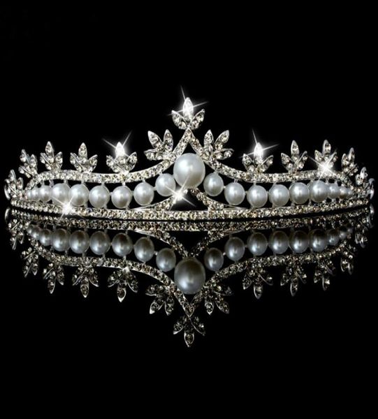 Desfile Círculo completo Tiara Claro Diamantes de imitación austriacos Perlas Corona KingQueen Boda Corona nupcial Diademas Fiesta de cumpleaños Cabeza Pi3863592