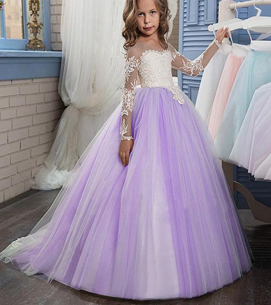 Pageant Violet Mignon À Manches Longues Robe De Princesse En Dentelle Robes De Fille De Fleur Pour La Fête Lolita Longueur De Plancher Fait À La Main Enfants Bal D'anniversaire 8783338