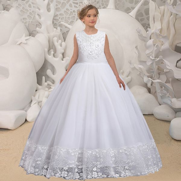 Pageant blanc robes de demoiselle d'honneur élégante fleur fille fête princesse longue robe de soirée pour filles enfants mariage robe de bal