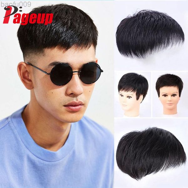 Pageup Pelucas cortas sintéticas Tupé Cabello para hombres Hombre Peluca negra Hombre joven natural Balding Sparse Cut Style L220809