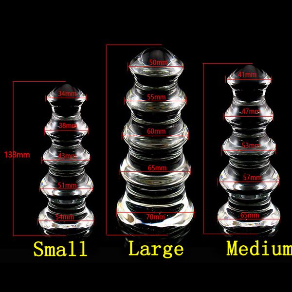 Tipo de pagoda Bolas anales de vidrio transparente Butt Plug Punto G Ano Dilatador Estimulador Dildo Grandes tapones anales grandes Buttplug, 3 Tamaño Elija Y19062702