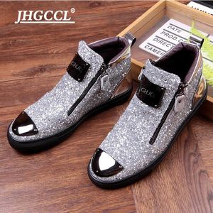 Paillette Martin Boots Heren Glitter Warm Lederen Mode Hoge Top Schoenen Koreaanse Versie Trend Jeugd Casual Mannen Schoen Cowboy Enkle