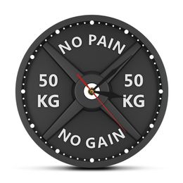 Pijn Geen Gain 50kg Barbell 3D Moderne Klok Gewichtheffen Dumbbell Bodybuilding Muur Horloge Gym Workout Strongman Gift 210310