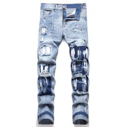 Paint Slim-Fit Jeans Empalmados Para Hombres Pantalones De Mezclilla Rectos Pequeños Rasgados Azules Agujeros Packwork Ropa De Calle De Cintura Media