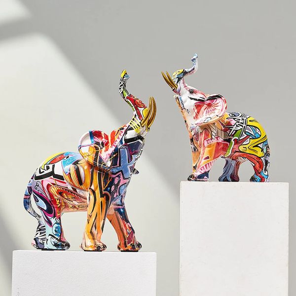Estatuilla de elefante colorida pintada decoración del hogar gabinete de vino moderno decoración de oficina artesanías de resina de escritorio miniaturas estatua ornamento 231225