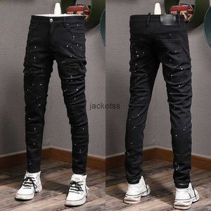 Dommage peint Jeans homme Patches en détresse Skinny Fit Black Vintage Biker Fit Denim