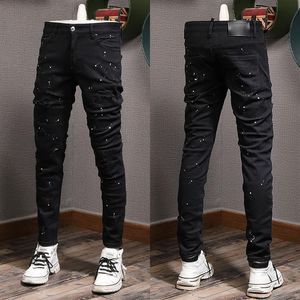 Painted Damage Jeans Homme Distressed Patchs Skinny Fit Noir Vintage Biker Fit Denim277W