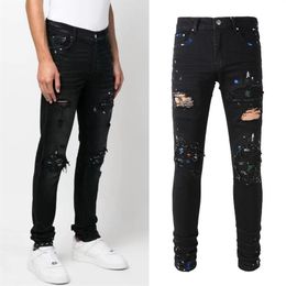 Jeans in denim dipinto Distressed Rip Pantaloni slim fit in cotone elasticizzato nero vintage per uomo261Q