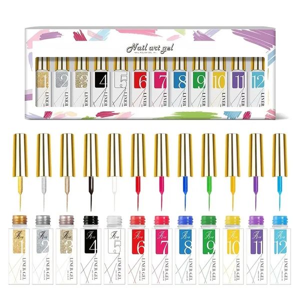 Gel peint en gel polonais line de gel de gel -12 couleurs néon rose jaune vert glitter glitter golden ligne française tirage de gel tirage de gel, ongles