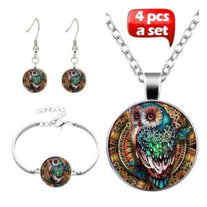 Pintado búho cristal cabujón colgante collar pulsera brazalete pendientes conjunto de joyería totalmente 4 Uds para mujer moda suéter cadena