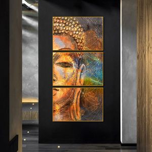 Peinture abstraite 3 panneaux doré bouddha toile affiches et impressions modernes mur Art photos pour salon décoration de la maison
