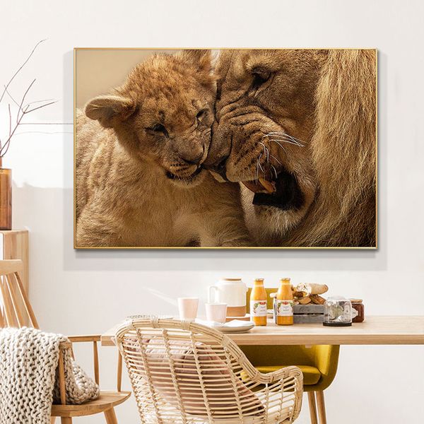 Pintura de leones africanos, madre y bebé, óleo sobre lienzo, carteles escandinavos e impresiones, Cuadros, imágenes artísticas de pared para sala de estar