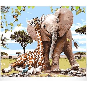 Peinture Par Numéros DIY Drop 40x50 50x65cm Girafe Avec Éléphant Animal Toile De Mariage Décoration Art photo Cadeau LJ200908