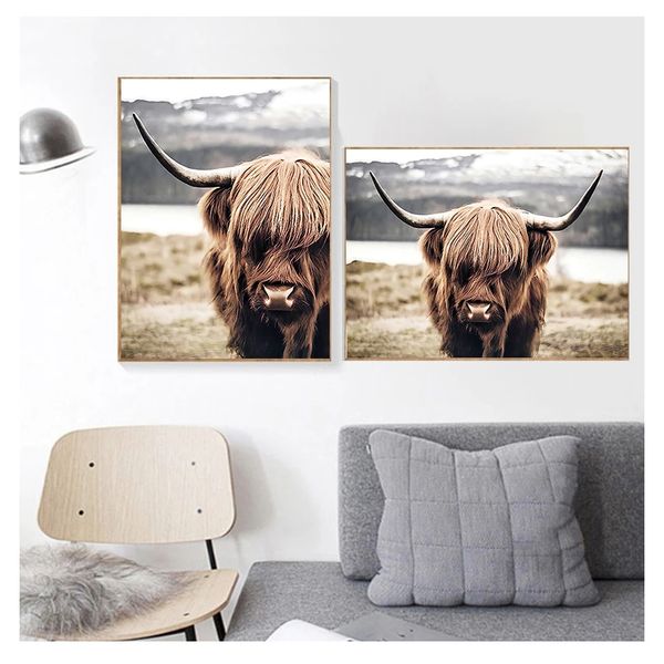 Peinture de bétail, affiches et imprimés nordiques scandinaves, tableau d'art mural pour salon, vache des hautes terres, animaux sauvages, toile Woo