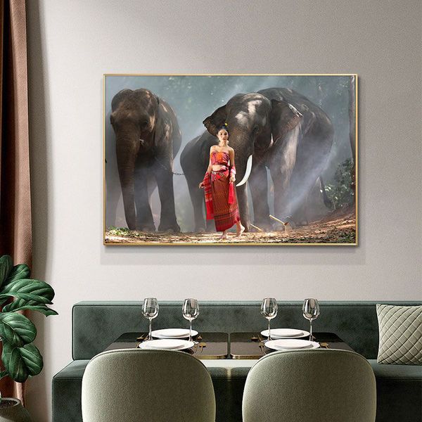 Peinture à l'huile sur toile d'éléphant avec de belles femmes, affiches et imprimés scandinaves, images d'art murales pour salon