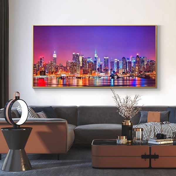 Pintura hermosa vista nocturna del paisaje de la ciudad, carteles artísticos en lienzo e impresiones, Cuadros, imagen artística de pared para decoración del hogar y la sala de estar