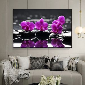 Pintura con impresión HD de piedras Zen, mariposa púrpura, orquídea, arte en lienzo, póster moderno, imagen de pared para decoración de sala de estar
