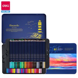 Stylos de peinture Deli ensemble de crayons de couleur en tilleul fin 24364872 couleurs avec boîte en fer en bois pour dessin Art papeterie cadeaux 230826