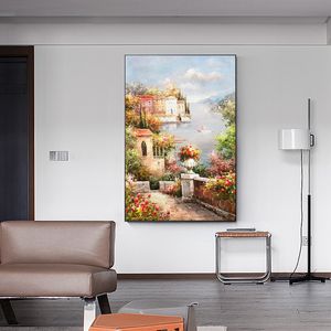 Gemälde, Poster und Drucke, abstrakte Mittelmeer-Gartenlandschaft, Öl auf Leinwand, modernes Wandbild für Wohnzimmer-Dekoration