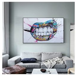 Schilderstraatkus posters en prints muur kunstfoto voor woonkamer slaapkamer tanden tanden lippen graffiti art woo