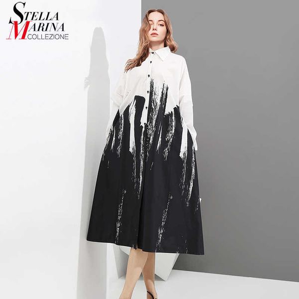 Peinture Style Femme D'été À Manches Longues Noir Et Blanc Imprimé Chemise Robe Tie Dye Plus La Taille Midi Casual Robe Robe Femme 3400 210706