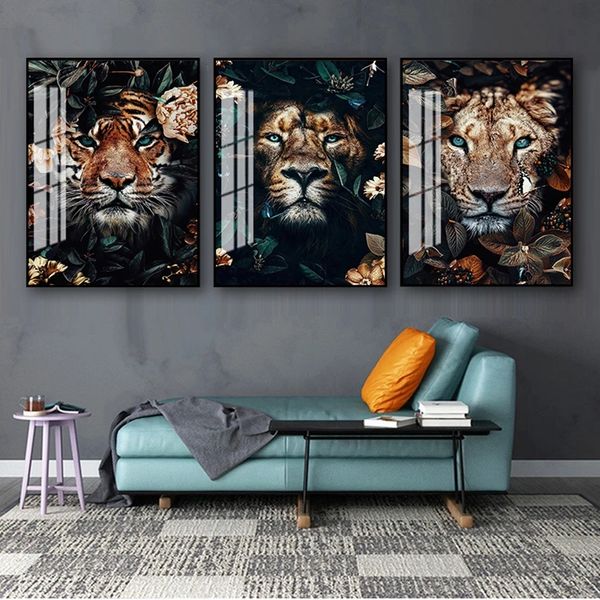 Pintura arte de pared cartel de impresión nórdica cuadro decorativo decoración para sala de estar flor Animal León tigre ciervo leopardo lienzo abstracto Woo