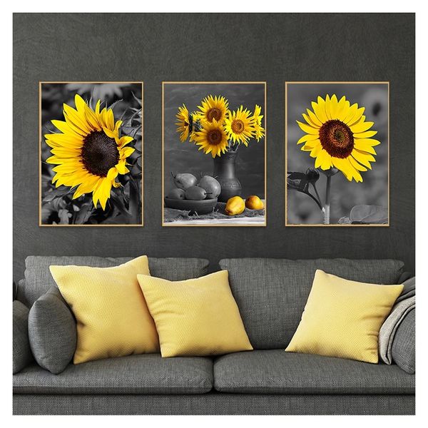 Pintura de pared, imágenes Vintage para sala de estar, cocina, decoración moderna para el hogar, póster de girasol y lienzo impreso Woo