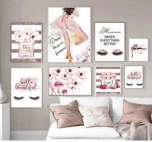 Cuadro de pared moderno para habitación de niña, decoración del hogar, flor rosa, Perfume, póster de moda, pestañas, labios, maquillaje, lienzo impreso, arte Woo