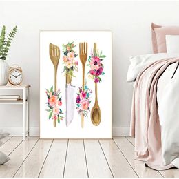 Schilderen muur foto poster huisdecoratie bloemen keuken keukengerei print keuken muur kunst decor houten bestek kunst canvas woo