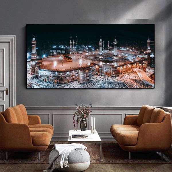 Peinture sur toile islamique de la Mecque, impression du dernier jour du Hajj, ornement rond, vue de la mosquée musulmane, paysage sur toile, Art religieux, décor Cuadros