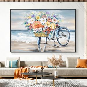 schilderijen 100% handgeschilderde fiets bloem olieverfschilderij moderne mooie landschap canvas schilderij kunst aan de muur voor woonkamer huis decoratie 231110