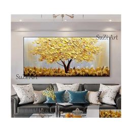 Schilderijen 100 handgemaakte grote goudgeld Tree schilderen Moderne landschapolie op canvas Wall Art Foto voor thuiskantoor Decor 210927 D DHOIU
